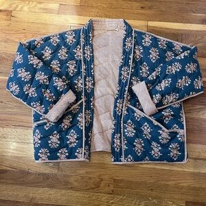 By Together Navy Floral Quilted Jacket with Cream and Red Stripe Lining